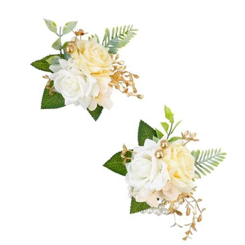 Champagne Corsage and Boutonniere Set for Wedding Prom, Artificial Rose Flower Wrist Bracelets, Homecoming Corsage Wristlet, Boutonniere for Men Wedding Suit Decorations - color: Champagne