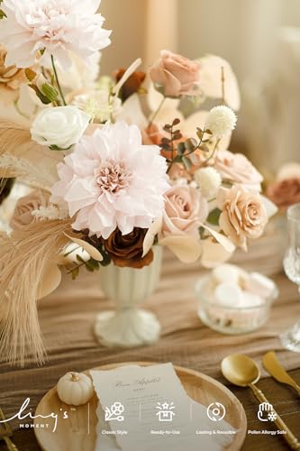 Ling's moment Fake Flowers Box, Faux Artificial Greenery Stems Foam Roses Silk Dahlia Pampas Grass Fabic Flower for Centerpieces Bouquet Wedding Vase Floral Decorations, Beige & Sepia, Deluxe Combo - color: Beg-beige & Sepia, size: Deluxe
