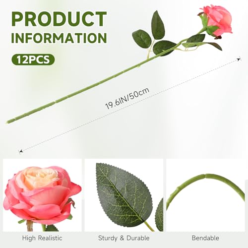 Tifuly Pink Roses Artificial Flowers -12 pcs Realistic Single Long Stem Fake Silk Roses Bouquet for Party Home Wedding Centerpiece Office DIY Decor - color: Gradient Pink