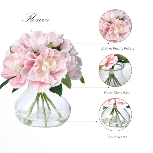 Pink Peony Bouquet in Glass Vase - 6 Piece Artificial Flower Arrangement with Faux Water for Wedding & Home Centerpieces - color: Peony Flowers, size: Pink
