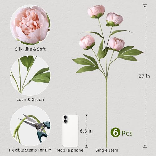 florisso 6 Pcs 27" Faux Silk Artificial Peony Flowers, Fake Peony Branches for Vase DIY Bouquet Centerpieces Wedding Shower Decorations/Flesh Pink - color: Flesh Pink