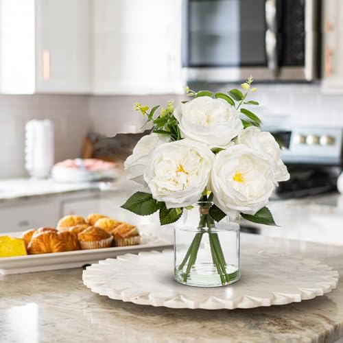 Hollyone Real Touch Peonies Artificial Flowers Arrangements in Vase White Fake Peonies with Glass Vase Silk David Austin Roses Faux Flowers with Clear Faux Water Bouquet Table Centerpiece Home Decor - color: White