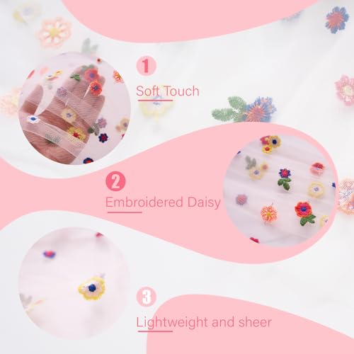 2PC Pink Embroidery Daisy Table Runner 10ft 120 Inch Fall Florals Gauze Tulle Sheer Cheesecloth Holiday Kitchen Dining Table Decoration for Home Wedding Party Baby Shower Birthday Indoor Decorations - color: Pink, size: 10ft x 2Pack