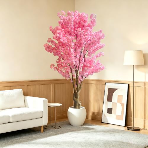 7FT Artificial Cherry Blossom Tree, Pink Faux Blossom Tree with Realistic Stump Trunk, Large Decorative Artificial Plant for Living Room, Office, Entryway, Wedding & Indoor Home Décor - color: Pink, size: 7ft