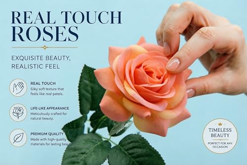 10 Pcs Real Touch Artificial Roses Fake Rose Long Stem Silk Faux Flowers Bridal Bouquet for Wedding Home Decor Romantic Valentine Gifts (Orange) - color: Orange