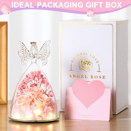 Mothers Day Rose Gifts for Women Preserved Real Flower in Glass Angel Figurines Roses for Delivery Prime Birthday Gifts for Mom Grandma Girlfriend Wife Her, Champagne - color: Champange