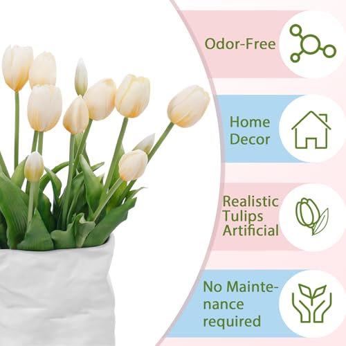 15 Pcs Off White Artificial Tulips Fake Flowers, Premium Latex Lifelike Texture, UV Resistant Waterproof Faux Tulip Bouquets with Snap-on Petals for Outdoor, Home, Wedding Decor - color: Cream