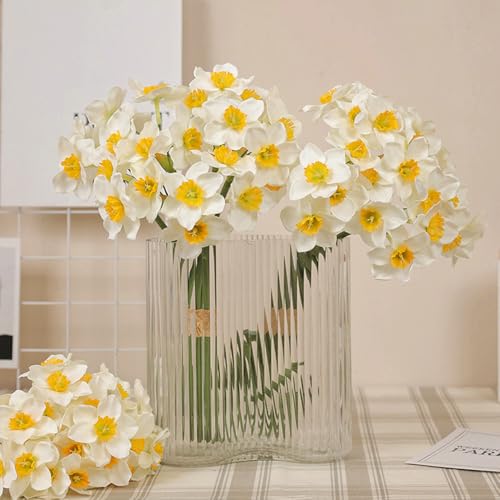 XIYUAN 6 Bundles Daffodils Artificial Flowers 20inch Lifelike Real Touch Narcissus Spring Flowers PU Fake Daffodil Flower Home Indoor Outdoor Wedding Table Party Decor (White)
