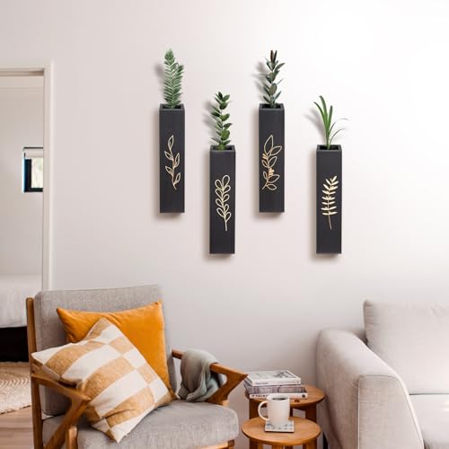 Wood Wall Planter, Farmhouse 4 Pack Indoor Pocket Wall Vases Decor for Living Room Bedroom Dried Flowers Faux Greenery Plants (Black) - color: Black