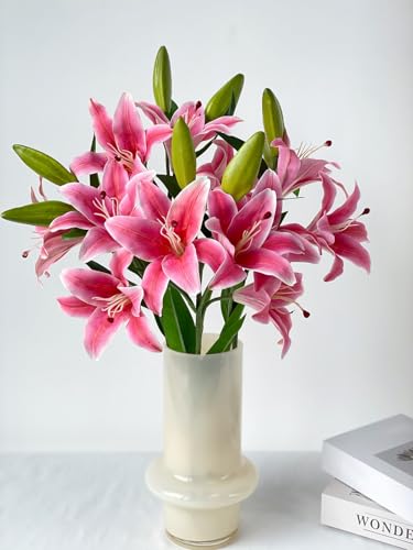 YalzoneMet RUZUQE 2 Pcs 28'' Deep Pink Lily Artificial Flowers Fake Real Touch Lilies 3 Heads Buds Faux Flora for Indoor Home Decor Outdoor Party Easter Lily Flower Table Centerpiece - color: Deep Pink