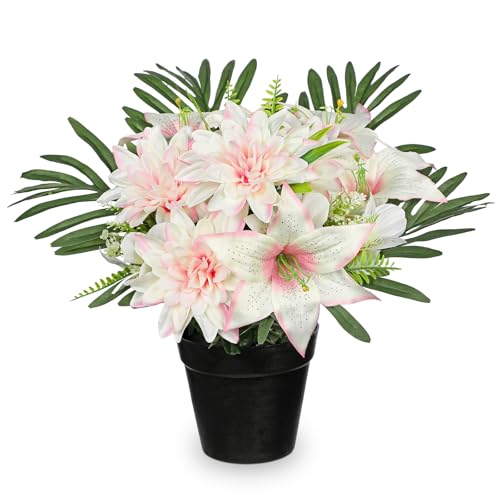 Hollyone Artificial Cemetery Flower for Graves, White Pink Faux Lily Dahlia Flowers in Pot Silk Cemetery Memorial Flowers for Outdoors Gravesites Headstones Home Decoration - color: Pink-dahlia Lily