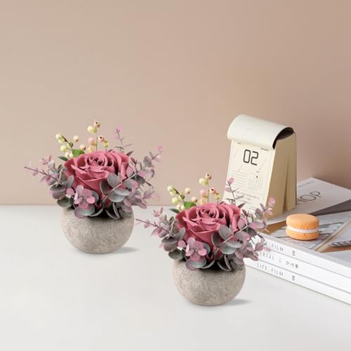 2 Pack Mini Potted Flowers, Pink Rose Artificial Flowers in Pot Fake Greenery Potted Plants Desk Shelf Decor for Home Office Living Room Bathroom - color: 2 Pack Red Rose