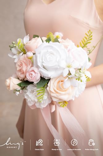 Ling's moment Blush Artificial Bridesmaid Bouquets Set of 4 Pink Wedding Flower Bouquets Cream Floral Bouquet Rose Bridal Bouquets with Ribbon,Ceremony,Anniversary,7-inch Diameter - color: Pk-pink & Cream
