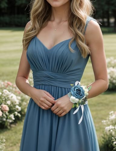 Set of 2 Wrist Corsage Wristlet for Wedding Bridesmaid Mother Grandmother for Bridal Shower Wedding Artificial Roses Flower Prom (Navy Blue) - color: Navy Blue