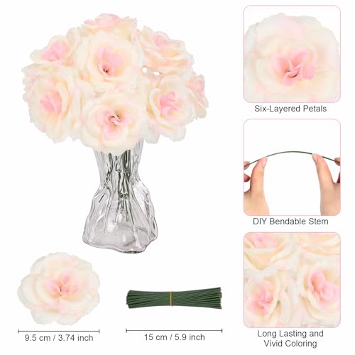 LELEE Rose Head Flowers with Stem, 108pcs Champagne Rose Artificial Flowers Bulk, Silk Rose Fake Flower for Wedding Bouquet Party Home Decor DIY Baby Shower Centerpieces Tables Decoration - color: Champagne