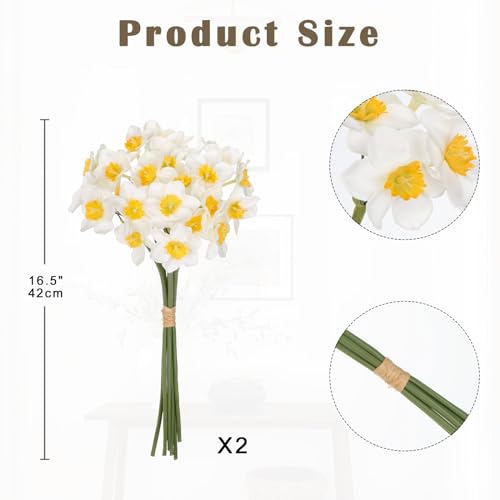 Briful 12 Stems Daffodils Artificial Flowers 2 Bunches Real Touch Fake Narcissus Flower 9in Silk Spring Fake Flowers Wedding Floral Decor Bouquet for Home Party Wedding Office Anniversary Decor,White - color: White#162