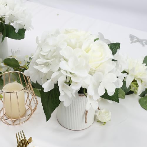 Flower Table Centerpieces - Set of 6 Floral Arrangement Artificial Wedding Hydrangeas Floral Arrangement with Rustic Metal Vase for Bridal Tea Party Event Decorations - White - color: White