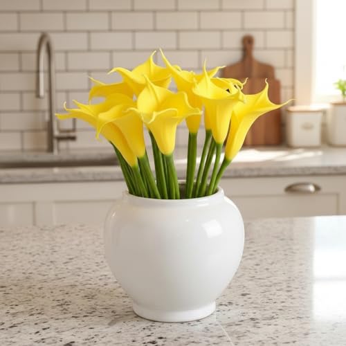 Floral Kingdom 20 Pack Artificial Calla Lily Flowers 14 Inch Yellow - Real Touch Latex Flowers for Home Decor, Kitchen Counters, Breakfast Nooks & Weddings - color: Yellow