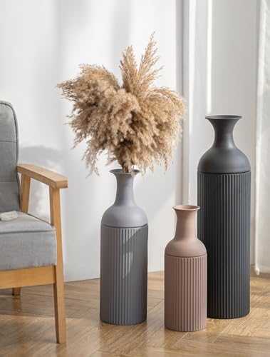 Sziqiqi Metal Tall Floor Vase: Tricolor Large Ribbed Floor Vasess 27/20/16in for Living Room - Farmhouse Earth Tones Vases for Pampas Grass - Oversized Standing Vase for Fireplace Home Corner Hallway - color: Earth Tone