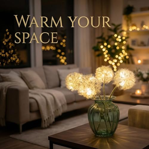 TOPIA Artificial Dandelion Flowers with LED Lights with Timer Faux Dandelion Wish Flowers for Christmas Decoration Home Decoration (4 Pcs) - color: White Led, size: 4