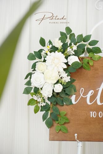 Wedding Decor (Pack of 2) Welcome Sign Flower Backdrop Garland for Ceremony Reception Wall Easel Home Decoration Entryway Faux Outdoor Board Head Table Decor (White) - color: White