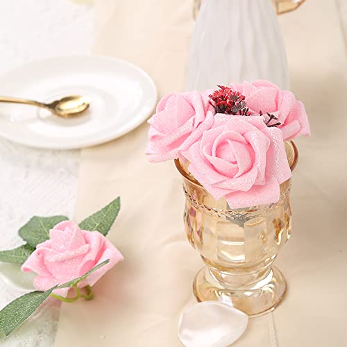 IPOPU Artificial Roses,50PCS Pink Glitter Roses Bouquet Glitter Flowers for Crafts DIY Wedding Bouquet Home Party Decoration(Pink) - color: 50pcs Pink