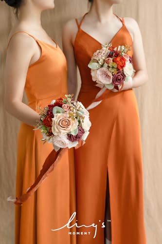 Ling's moment Artificial Flowers Burnt Orange Bridesmaid Bouquet Set of 4, Terracotta Wedding Flowers Bouquets for Bridesmaids, 7 Inch Bridal Bouquets for Bridesmaids, Wedding, etc - color: Or-burnt Orange