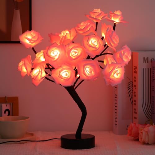 Drawelry Rose Flower Tree Lamp - LED Rose Tree Table Lamp USB/Battery Powered Artificial Bonsai Flower Night Light for Bedroom Living Room Party Wedding Birthday Decor (Pink) - color: Pink