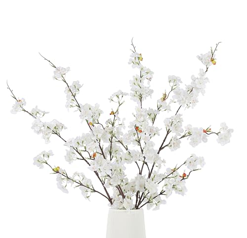 Artificial Cherry Blossom Flowers (4pcs, White), Real Touch Silk Bouquet for Home, Wedding, Garden and Party Events Decoration, DIY Fake Floral Arrangements - color: White