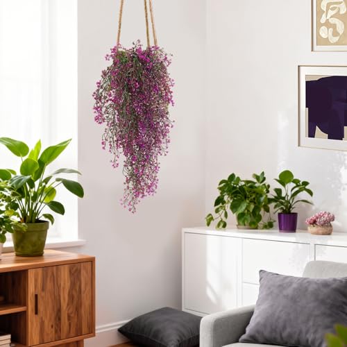 RECUTMS Artificial Hanging Plants Fake Hanging Vines Boston Fern Greenery Hanging Wall Plants for Home Room Garden Wedding Outside Decoration (Fuchsia 4P) - color: Fuchsia