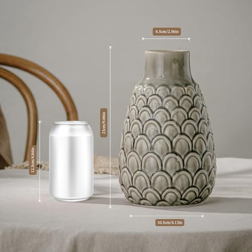 Ceramic Flower Vase, 9.06” Rustic Farmhouse Decorative Vase for Home Decor, Gray Textured Pottery Vase for Pampas Grass, Living Room, Entryway, Mantel, Kitchen Table, Centerpiece - color: 402-grey