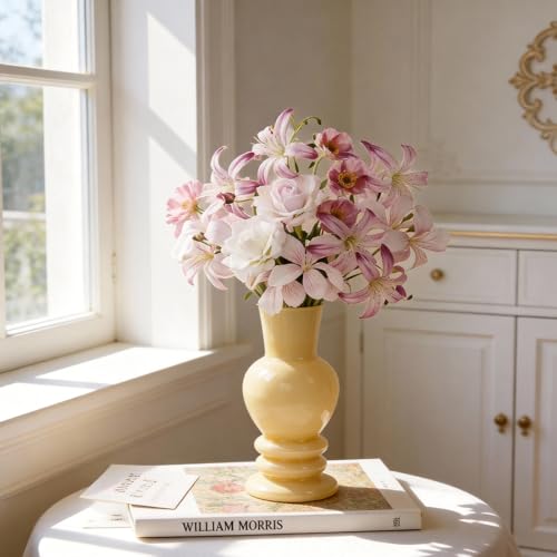 Glass Vase Roman Column 8" Tall Farmhouse Decorative Vase Wide Mouth Flower Vase for Dried Grass, Wedding Centerpiece Vases, Rustic Home Decor, Shelf Display Vase, Gift Vase Easter Dining Decor Beige - color: Yellow