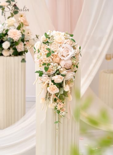 Serwalin 11 Inch Champagne Wedding Bouquets for Bride Bridesmaid, Artificial Rose Bridal Bouquets for Bride, Wedding Flowers Bouquet Tossing Bouquet, Wedding Ceremony and Anniversary - color: Champagne