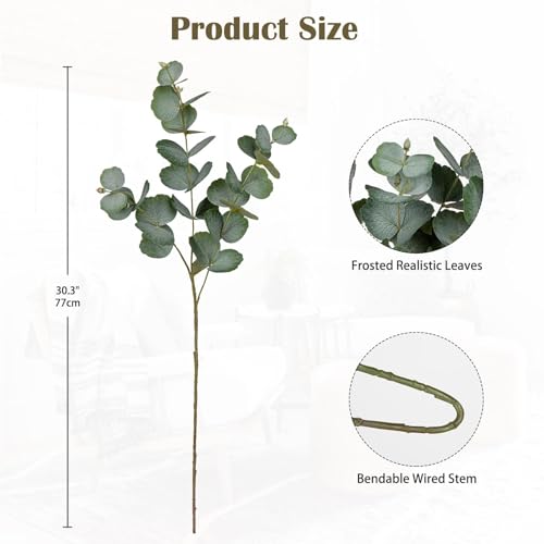 GnFlus 30" Artificial Eucalyptus Stems 5 Pcs Fake Tall Eucalyptus Leaves Branches Faux Silk Greenery Leaves with White Frosted for Vase Home Tabletop Wedding Centerpieces Shelf Kitchen Decor Green - color: Green