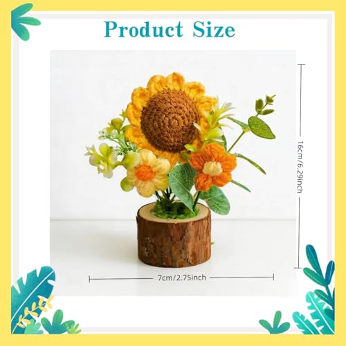 Handmade Knitted Sunflower Potted Plant Decoration | Cute Crochet Artificial Sunflower Decor Boho Home Decor for Desk Office Car Dashboard Inspirational Gift for Women