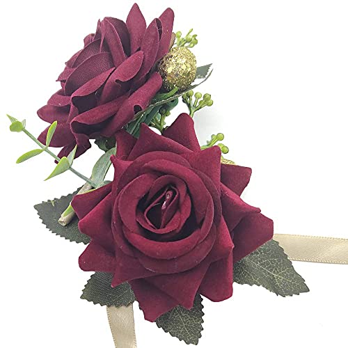 Arlai Wedding Prom Corsage and Boutonniere Set, Rose Wrist Corsage Ribbon Bracelet, Artificial Flower Christmas Wrist Corsage - color: Red Wine (1pc Wrist Corsage+ 1pc Boutonniere)