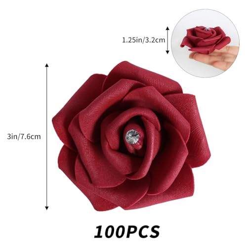 IPOPU 100PCS Burgundy Rose Artificial Flower Heads, 3in Real Looking Stemless Foam Roses Fake Flowers Bulk with Crystal for DIY Craft Wedding Bouquets Arrangements Party Home Decorations(Burgundy) - color: Burgundy With Crystal