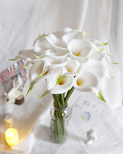 DuHouse 20Pcs Artificial Calla Lily Flower Real Touch Latex Flowers for DIY Wedding Bouquet Party Home Decor (White-Yellow Core) - color: White-yellow Core, size: 20pcs