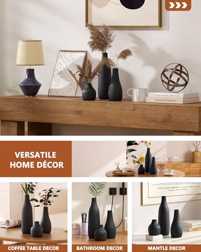 Decorative Flower Vase Set of 3 - Modern Boho Style Black Vases, Ribbed Textures Ceramic Vase for Home Decor Shelf Bookshelf Mantle TV Stand Entryway Console, Dining Table Centerpiece Decor - color: Black