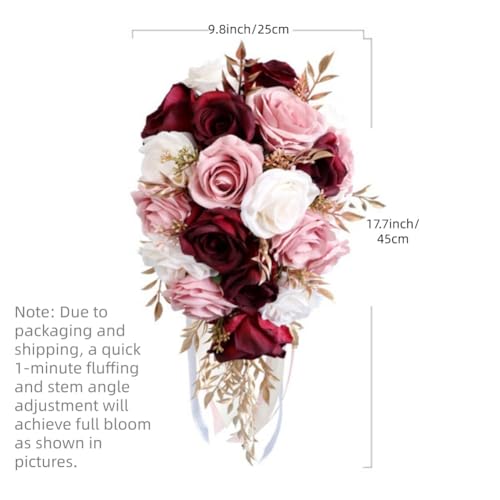 9.8 Inch Cascading Bridal Bouquet Waterfall Cascade Bridal Wedding Bouquet for Bride with Artificial Rose Flower Ribbon Rustic Burgundy and Blush Pink - color: Burgundy & Blush Pink