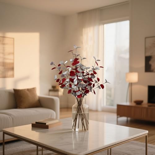 4pcs 23.62" Realistic Red & Silver Faux Eucalyptus Stems – Artificial Eucalyptus Leaves for Vase Decoration, Christmas & Rustic Farmhouse Greenery for Table Centerpiece - color: Red and Silvery