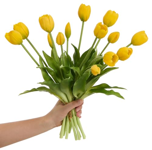 15 pcs Yellow Tulips Artificial Flowers Faux Tulips Real Touch Latex Fake Flower Bouquet for Spring Wedding Home Décor Centerpiece Arrangements - color: Yellow