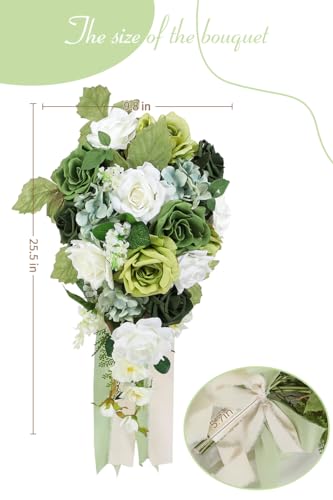 Serwalin 9.8 Inch Wedding Bouquets for Bride Bridesmaid, Spring Green Rose Bridal Bouquets for Bride, Wedding Flowers Bouquet Tossing Bouquet, Ceremony and Anniversary Decor - color: A Spring Green