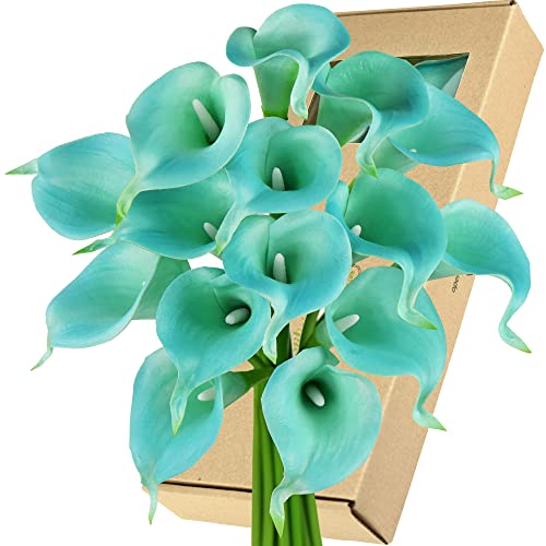 FiveSeasonStuff Real Touch Calla Lily Artificial Flowers Wedding Bridal Bouquet | Floral Arrangements | 15 Calla Lilies (Marine Blue) - color: Marine Blue