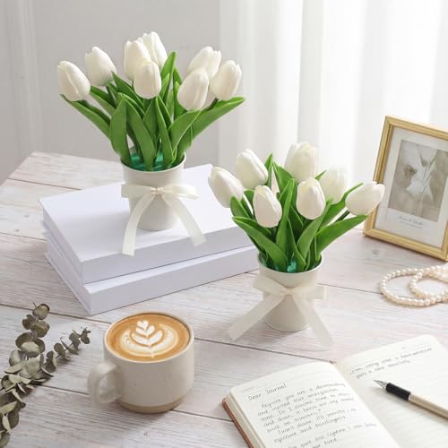 Suncalla 2 Pack Small Artificial Tulips Plant in Pots Faux Flower Potted Plants White Arrangement Rustic Home Decor 7.9" Tall for Farmhouse Table Centerpiece Windowsill Country Indoor Decor - color: White, style: Tulip