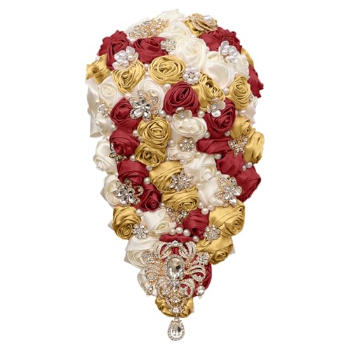 Handmade Satin Rose Water Drop Bridal Bouquet,8.7inch Crystal Wedding Round Tossing Bouquet,Jewelry Proposal Bridesmaid Bouquet Groom Corsage Bride Wrist Flower Ivory (07#Ivory WineRed Gold) - color: 07#ivory Winered Gold