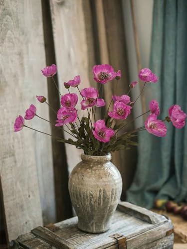 IPOPU Artificial Poppies 6PCS Fuschia Silk Flowers with Stems Hot Pink Poppies Flowers Artificial Realistic Floral Arrangements for Wedding Centerpieces Home Table Party Decor (Fuschia) - color: Fuschia
