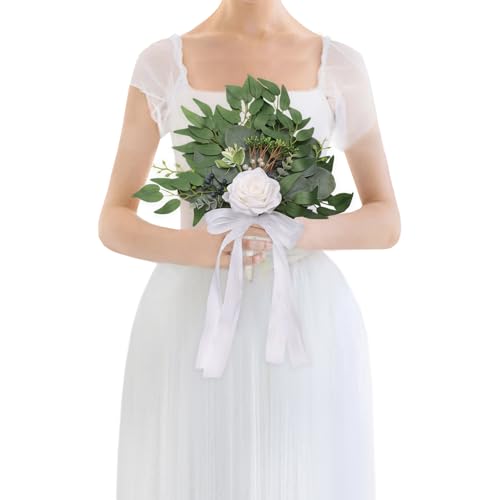 White Rose Wedding Bouquets for Bride and Bridesmaid,Premium Fabric Eucalyptus Greenery Wedding Floral Arrangements Suitable for Bridal Shower, Toss Bouquet, Wedding Centerpiece, Ceremony Decor - color: 1pcs White&green Bouquets