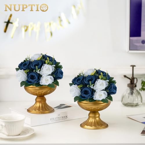 NUPTIO Artificial Flower Centrepieces for Tables - 2 Pcs 9.5in Diameter Navy Blue & White Fake Flowers Roses Balls - Silk Faux Rose Arrangement for Wedding Party Centerpiece Table Decorations - color: Navy Blue & White, size: 2 Pcs