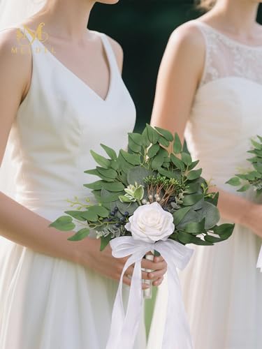 White Rose Wedding Bouquets for Bride and Bridesmaid,Premium Fabric Eucalyptus Greenery Wedding Floral Arrangements Suitable for Bridal Shower, Toss Bouquet, Wedding Centerpiece, Ceremony Decor - color: 1pcs White&green Bouquets